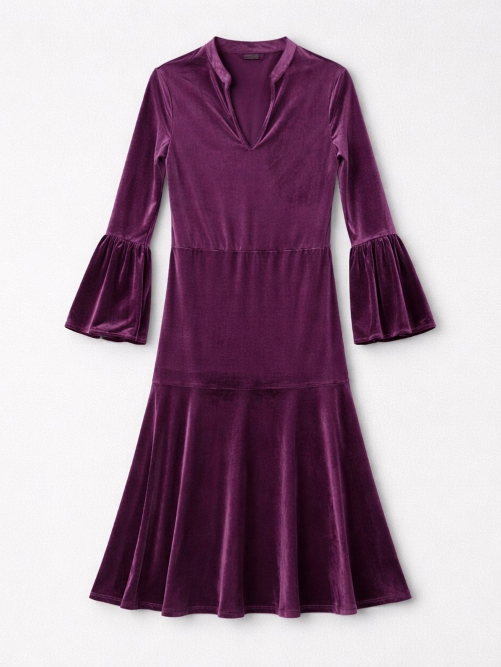 Women’s Velvet Purple Bell-Sleeve Midi Dress Belted Size L